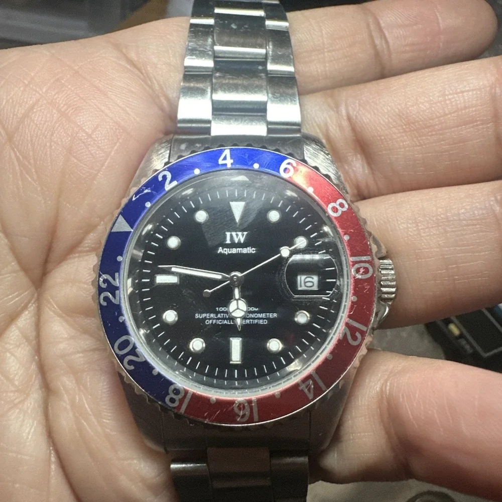 IW Aquamatic Automatic 21J Pepsi Mens Watch 40mm Miyota Untested-Crown Broken
